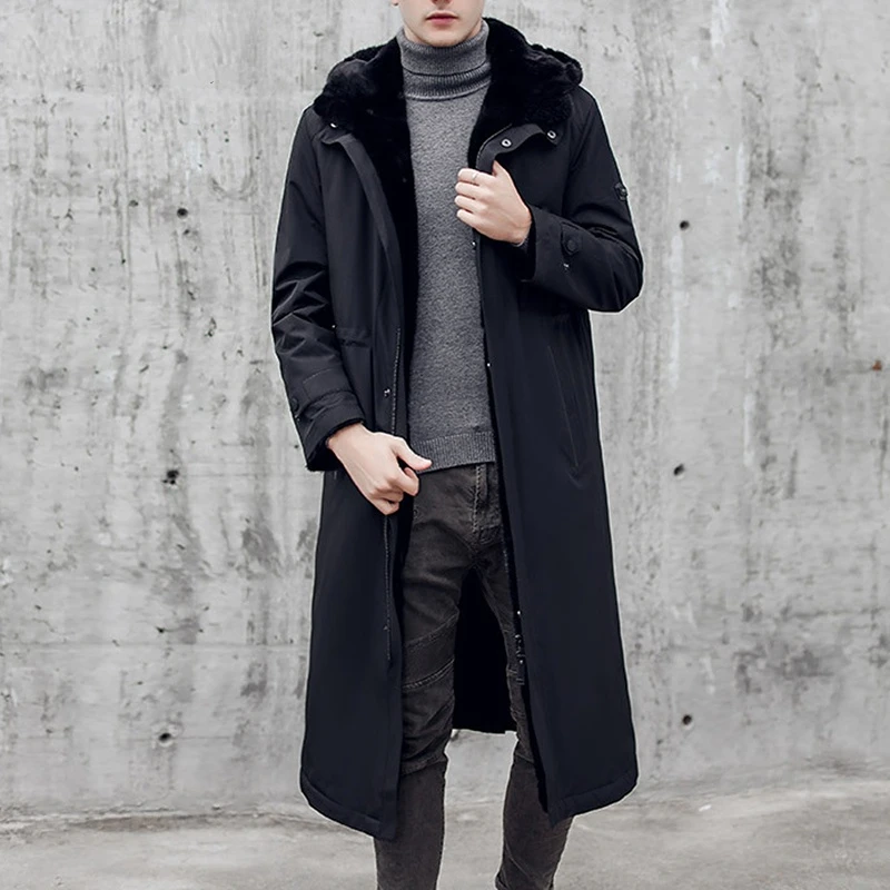 

Зимняя Новинка 2022, мужской пуховик с флисовой подкладкой и мехом, теплая Модная элегантная плотная Повседневная куртка до колен с капюшоном...