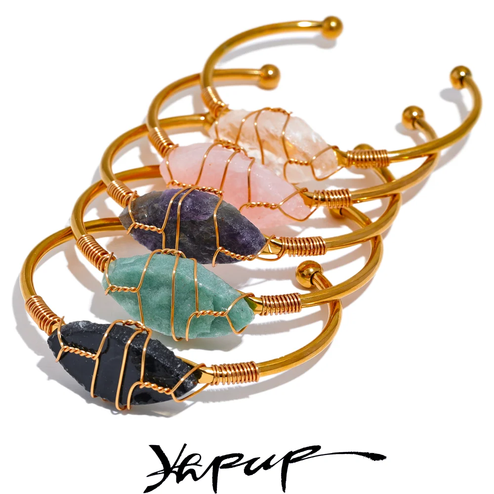 

Yhpup Stainless Steel Handmade Jewelry Open Cuff Golden Bracelet Bangle With Natural Stone Quartz Luxury Waterproof Bijoux Wome