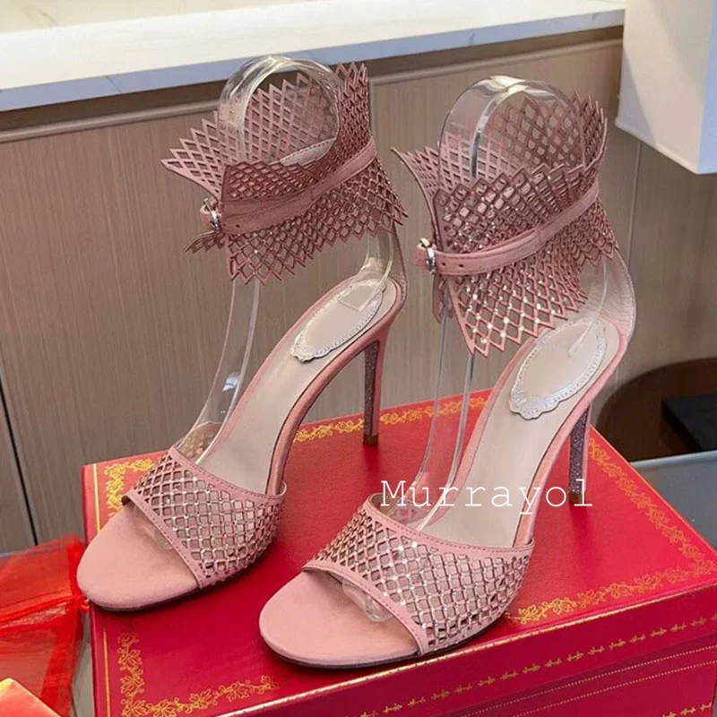 Новые сандалии на тонком каблуке с сетчатым дизайном женские со стразами и