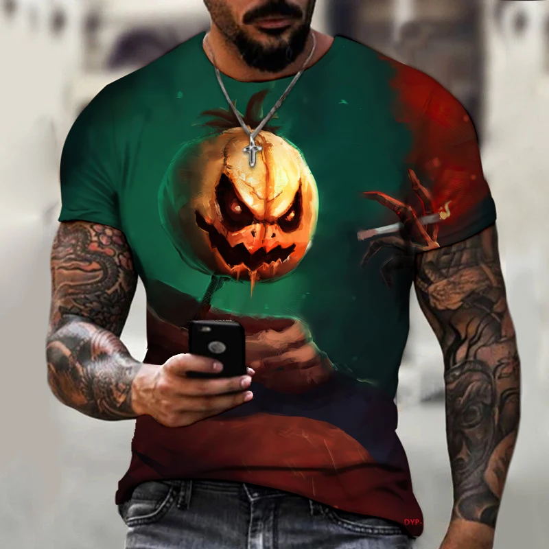 

2022 New Men's Shirt Halloween Jack-o-lantern Horror Witch No Shirt Casual Comfort Loose 3D Printing Round Neck T-Shirt 5XL