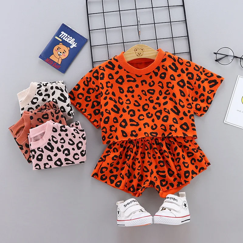 Baby Girls Clothes Leopard print Cotton Kids Clothes Girls T-shirts Sets Summer Toddler Boys Clothes Infant Sports 2Pcs Sets