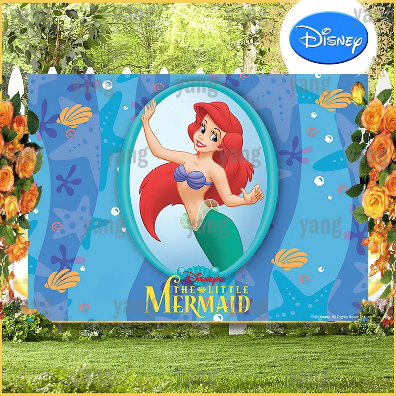 Lovely Disney Blue Ocean The Little Mermaid Backdrop Princess Ariel Cartoon Happy Birthday Decoration Background Baby Party