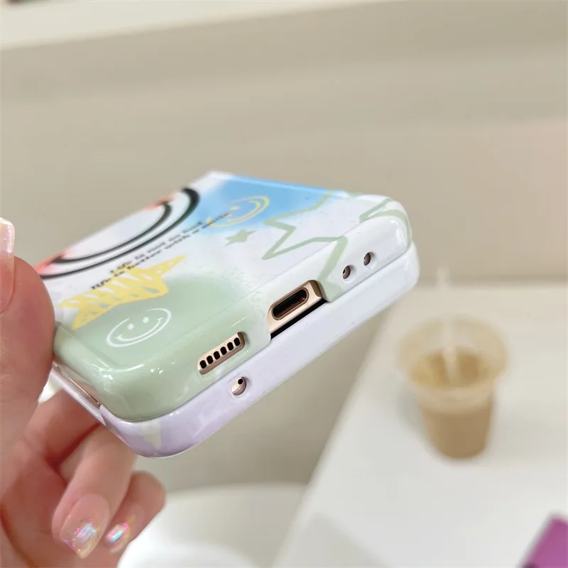 Colorful Star Smiling Face Phone Case for Samsung Galaxy Z Flip 4 3 Hard Cover for ZFlip3 Zflip4 Solid Shell Bracket