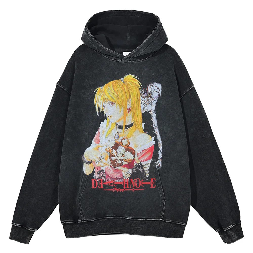 

Men Washed Black Hoodie Harajuku Sweatshirt Hip Hop Streetwear Japanese Anime Graphic Hooded Pullover Cotton Vintage Hoodie