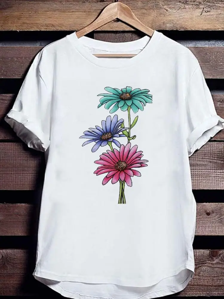 

Футболка женская летняя с коротким рукавом, модная повседневная Милая одежда с цветочным принтом, с графическим принтом