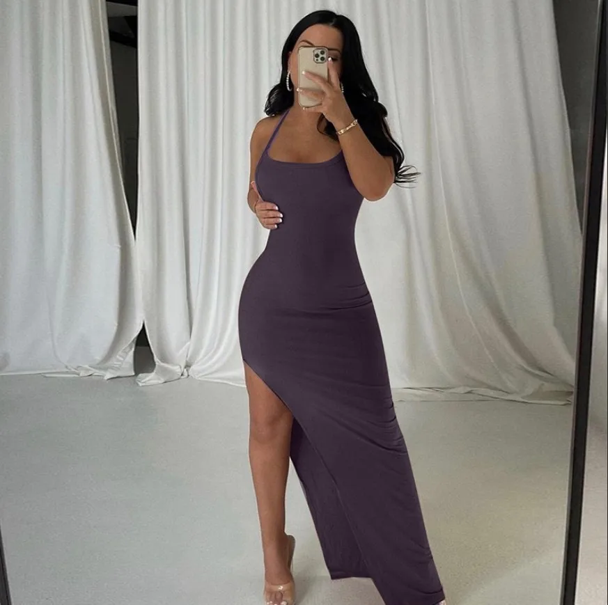 

Cross Backless Solid Sexy Bodycon Dress High Slit Women New Fashion Irregular Slim Strap Long Dresses Summer Halter Neck 2022
