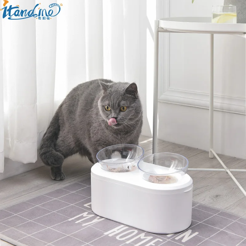 

Pet Double Bowl Storage Oblique Mouth Removable and Washable Base Heightened Dual-use Anti-rollover Cat Bowl