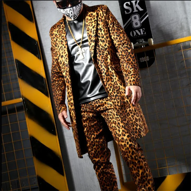 Yellow leopard print blazers mens mid-length suit nightclub bar singer stage costume casual clothes