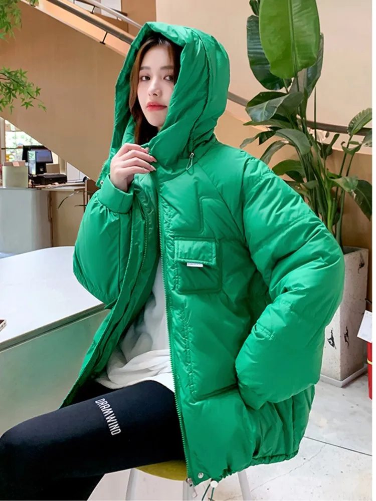 Women Winter Warm Oversize Cotton Jacket Loose Hooded Padded Solid Parkas Casual Elegant Zipper Clothes 2022