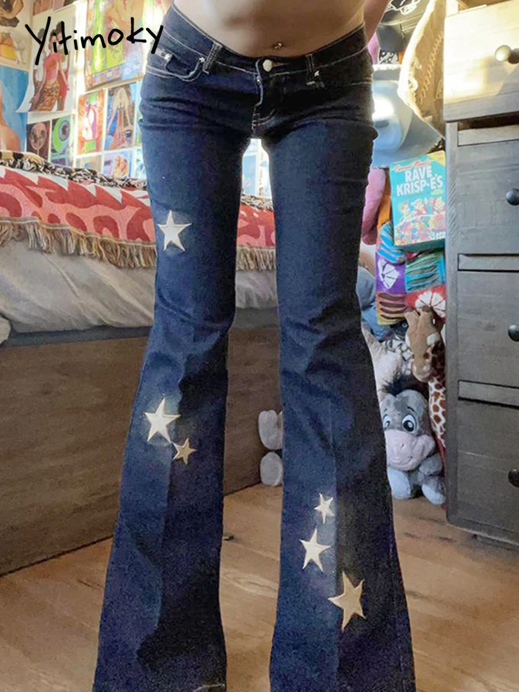 

Yitimoky Low Waisted Flare Jeans Y2K Star Embroidery Retro Strecth Trousers Women Fashion Denim Pants Casual Grunge Fairycore