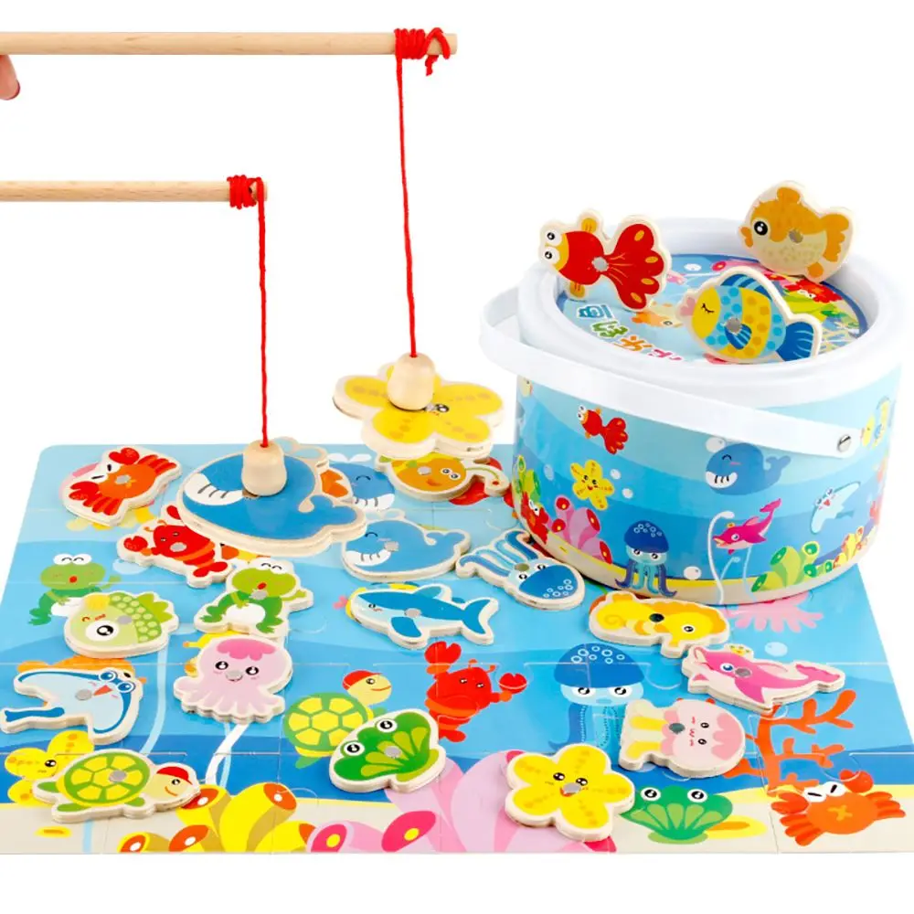 

Education Wooden Board Puzzle Educational Jigsaw Ocean Animal Pattern Literacy Card Cartoon Fish Magnetic Fishing Game