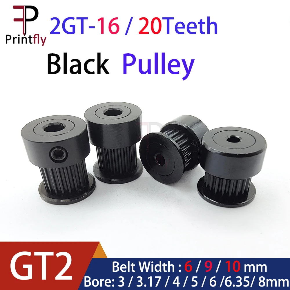 Printfly 2GT 20 Teeth Black GT2 Timing Pulley 2M Belt Width 6/9/10MM Bore 3/3.17/4/5/6/6.35/8MM For 2GT For 3D Printer