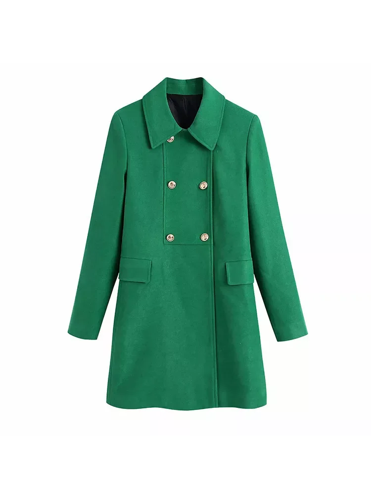 

NEW 2023 Women New Fashion Green Double Breasted Slim Overcoat Coat Vintage Long Sleeve Pockets Female Outerwear Chic Trench