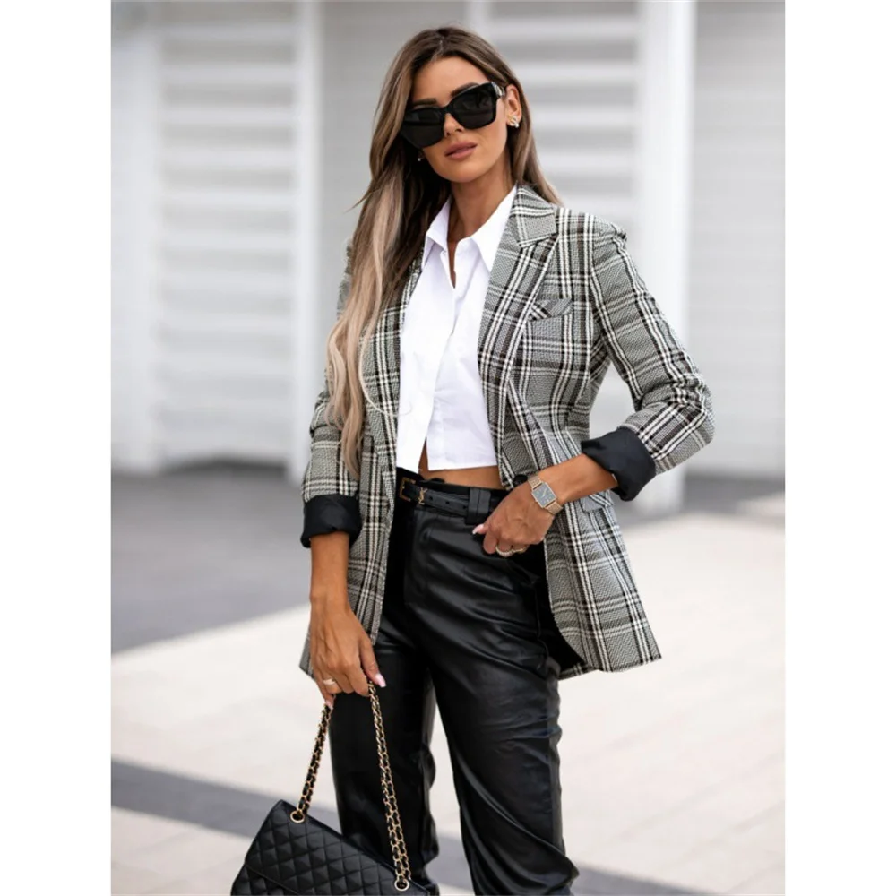 Elegant Women Plaid Blazers 2023 New Fashion Casual Business Long Sleeve Jacket Vintage Office Ladies Formal Blazers