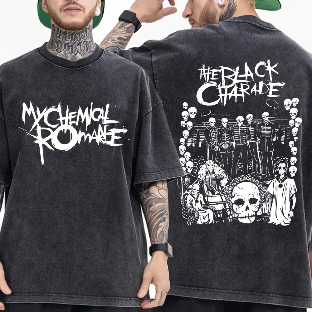 Фото Винтажная стираная футболка My Chemical Romance Punk Band The Black Parade Is Dead Футболки для мужчин и женщин Готическая хлопковая футболка большого размера №5