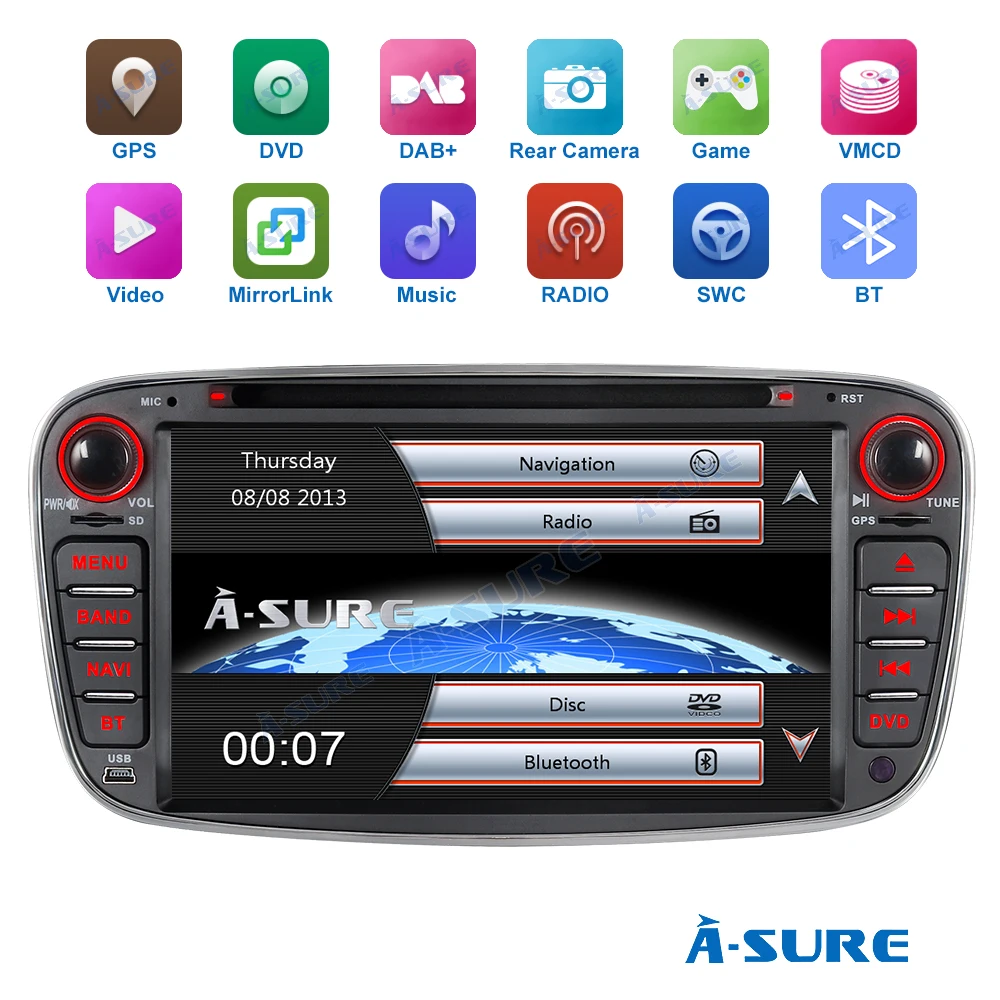 

A-Sure 2 Din Car Radio GPS USB RDS BT DVD Multimedia Navigation For Ford Mondeo 9 Focus MK2 Galaxy S-Max C-Max Kuga