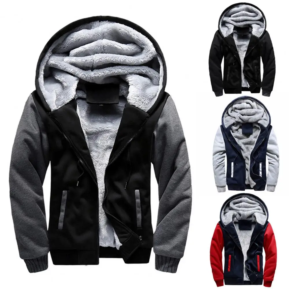 

Great Men Jacket Casual Drawstring Extra Thick Men Coat Hat Zipper Fly Winter Coat for Home