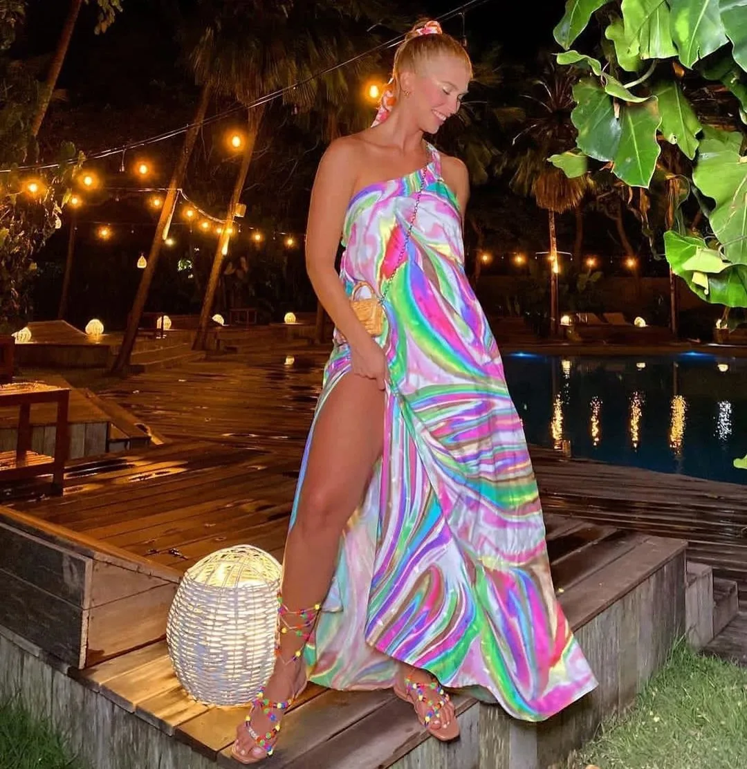 

2022 Cross-border New Spring And Summer Women's Printed Lace Up Slit Backless Holiday Style Dress