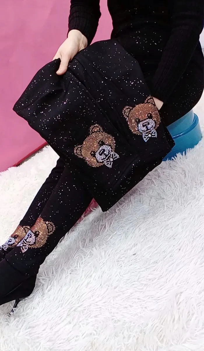 Heavy Rhinestone Shiny Elastic Waist Black Velvet Leggings Women Winter Loose Oversized Versatile Slimming Thicken Legging Pants