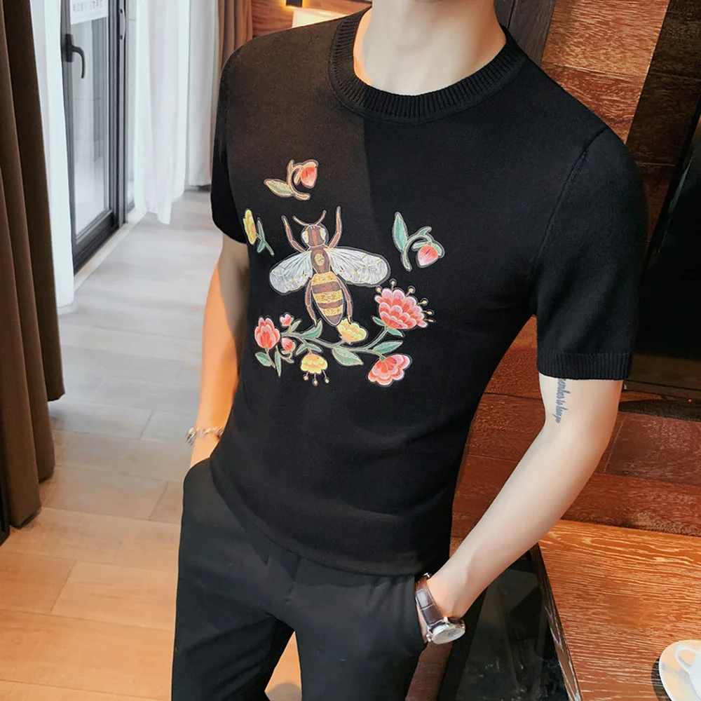 

2022 Summer Knitted T-shirt Luxury Bee Print Short Sleeve T Shirts Casual Business Slim O-neck Tops Tees Streetwear Men Clothing