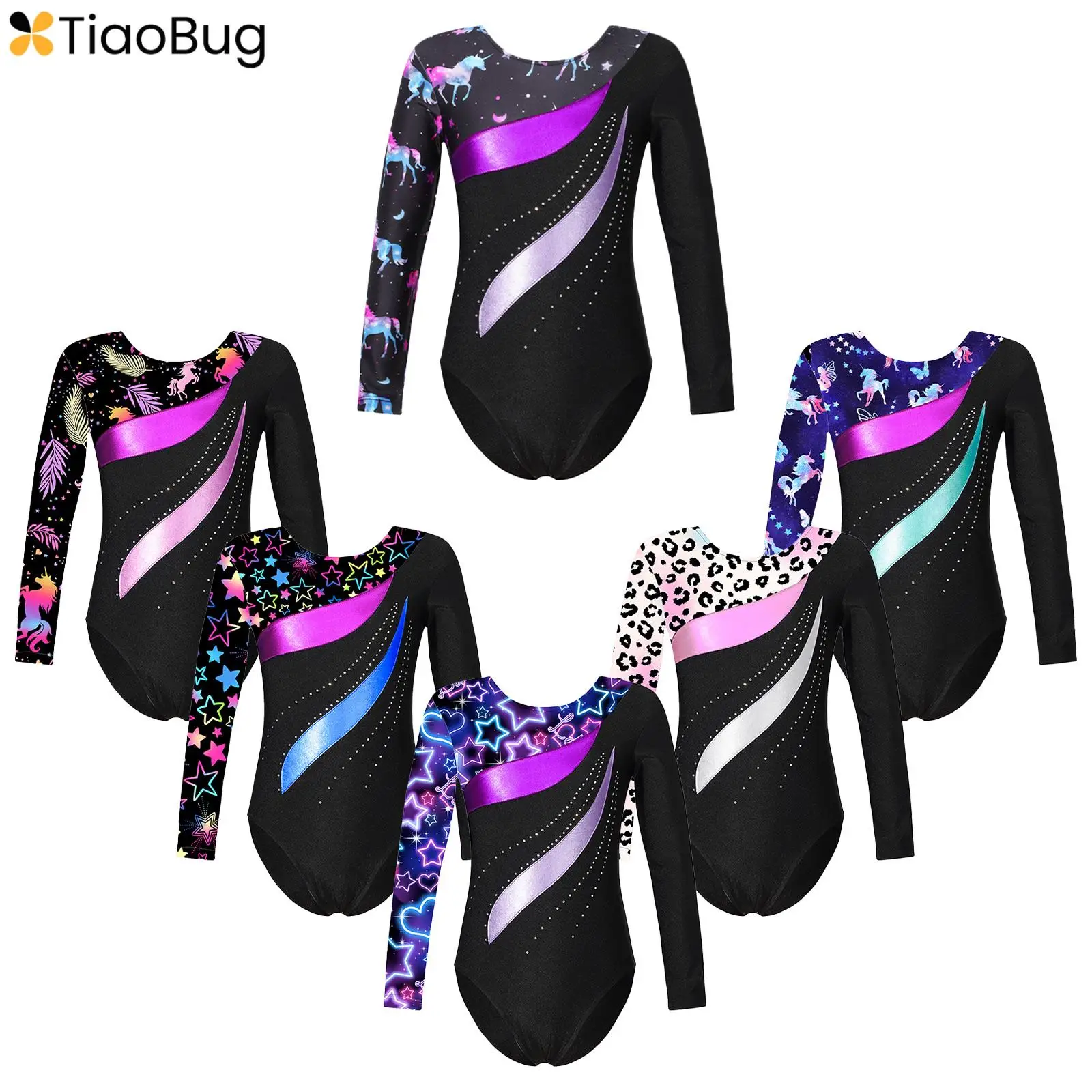 

Kids Girls Shiny Rhinestone Printed Long Sleeve Ballet Dance Gymnastic Leotards Ice Skating Unitard One Piece Bodysuit Dancewear