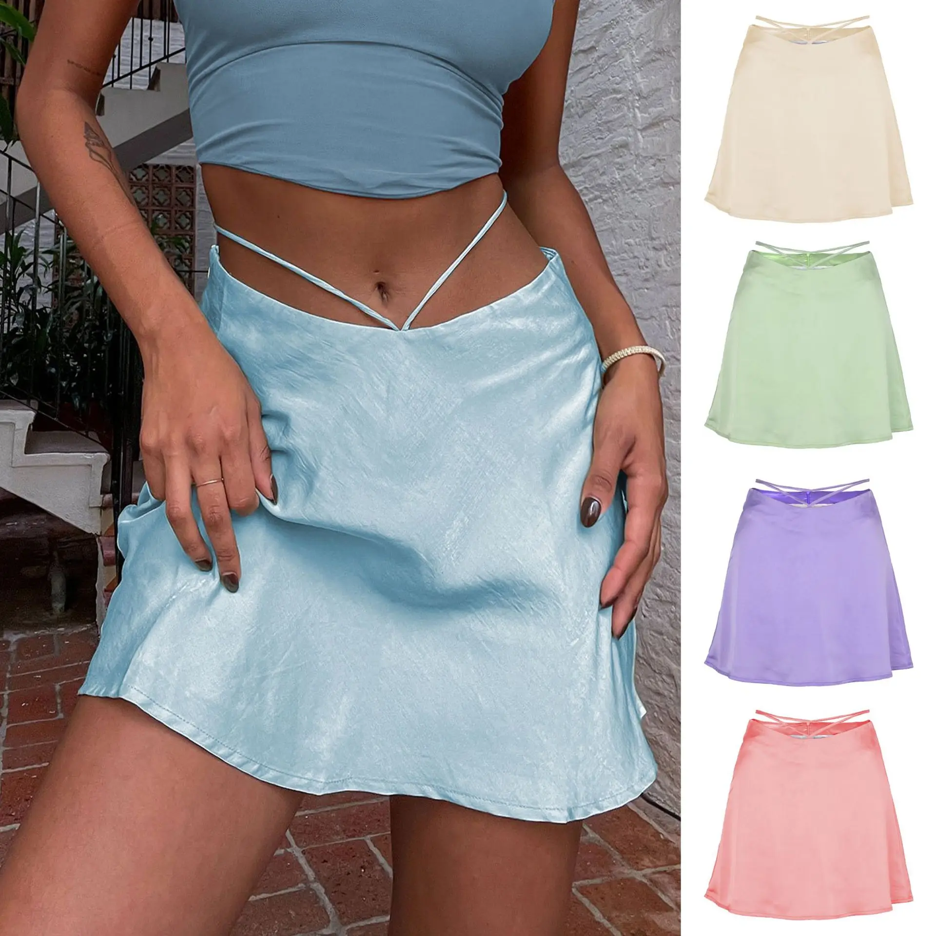 

2022 Solid Color Sexy Satin Skirt Fashion Navel Tie Zipper Short Skirt Women's Clothing Multi Colors High Fashion Skirt Satin