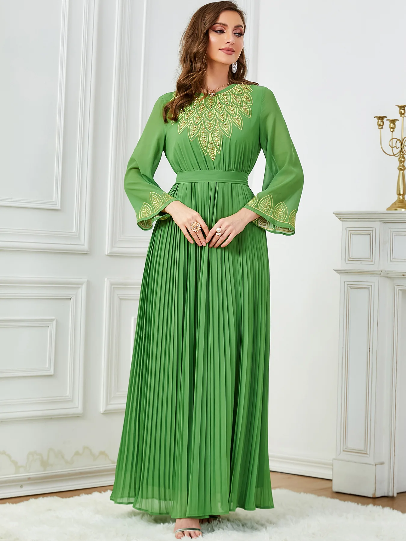 Мусульманское плиссированное платье макси с вышивкой для женщин Дубай Абая
