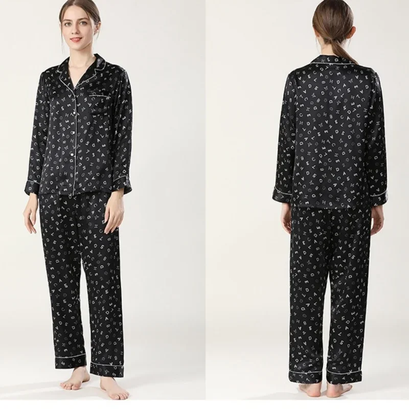 100% шелковый женский пижамный комплект атласная одежда для сна с принтом рубашки