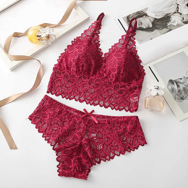 

Women Bra Sets Comfortable Wire Free Sexy Hollow Lace Underwear Suit Female Underwear Two Piece Suit Ladies Bra Sets New