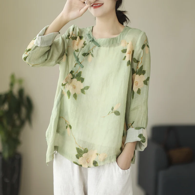 

YCMYUNYAN Chinese Style Women's Shirts Summer 2023 Loose Long Sleeve Tops O-Neck Ladies Clothing New Print Vintage Blouses
