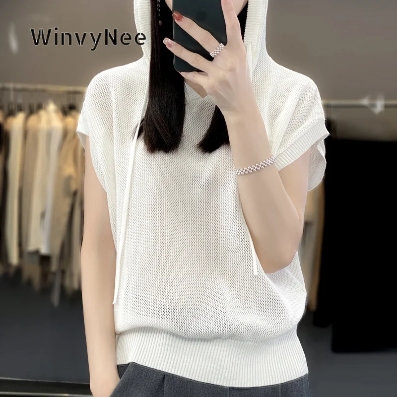 Фото Женский вязаный пуловер WinvyNee из тонкой шерсти с коротким рукавом и капюшоном, молодежный стиль, мягкий модный трикотаж, весна-осень ZA1737024 №2