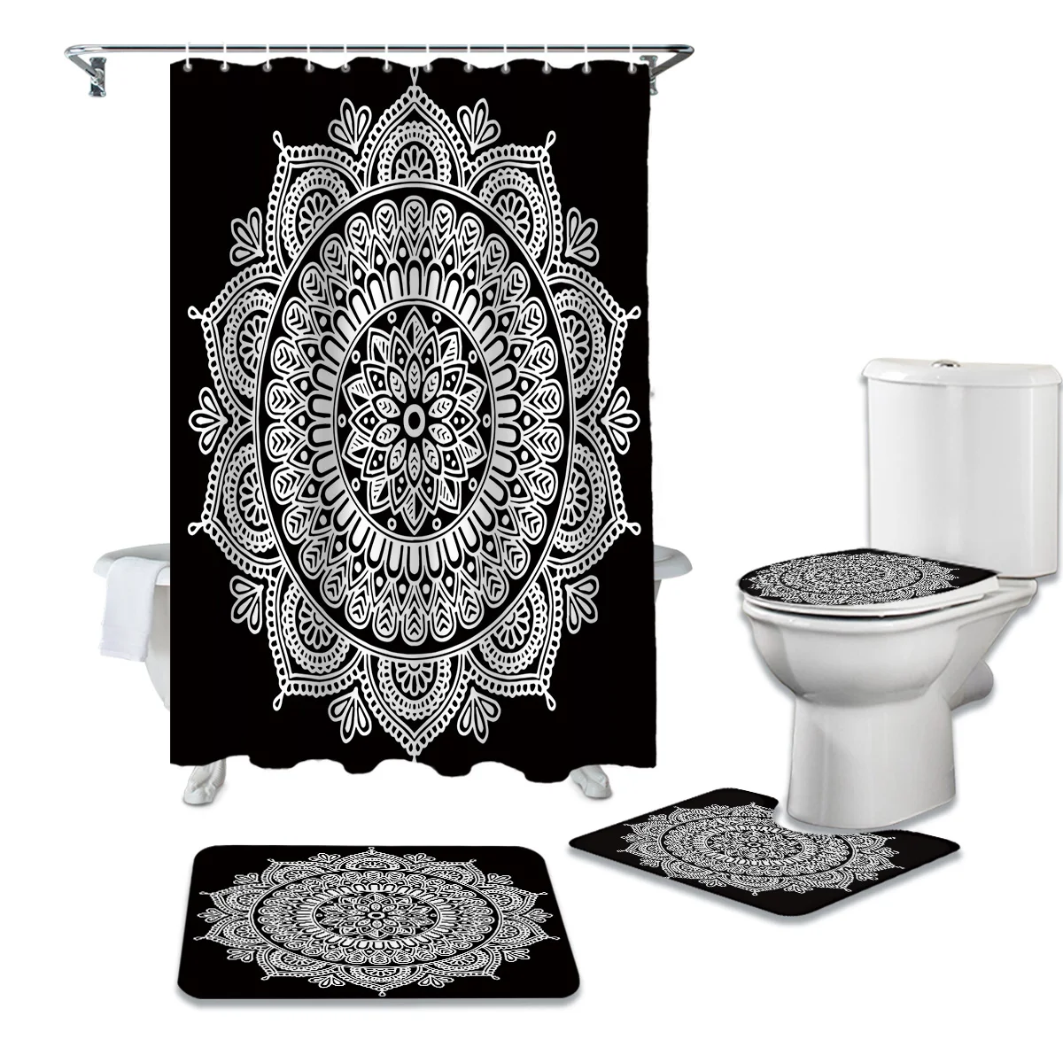 

Занавеска для душа с изображением мандалы и белых цветов, накладка на ковер, чехол для унитаза, коврик для ванной, Набор накладок, занавеска ...