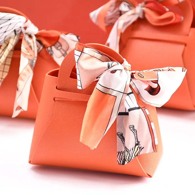 

5pcs Leather Candy Box Handbag Shape Ribbon Bow With Handle Gift Packaging Bags Wedding Baby Shower Party Favour Wrapping Decor