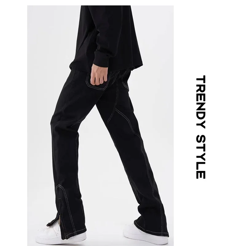 Streetwear Men 2022 Autumn and Winter New Pattern Self-cultivation Black Pencil Pants Zipped Slit Middle-waisted Jeans Female