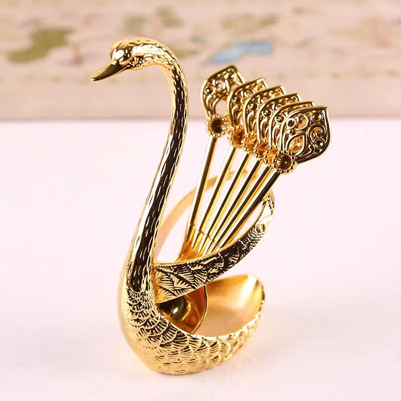 

Stainless Steel Creative Dinnerware Set Decor Swan Base Holder with 6 Spoons for Coffee Fruit Dessert Stirring Mix Kitchen Tool