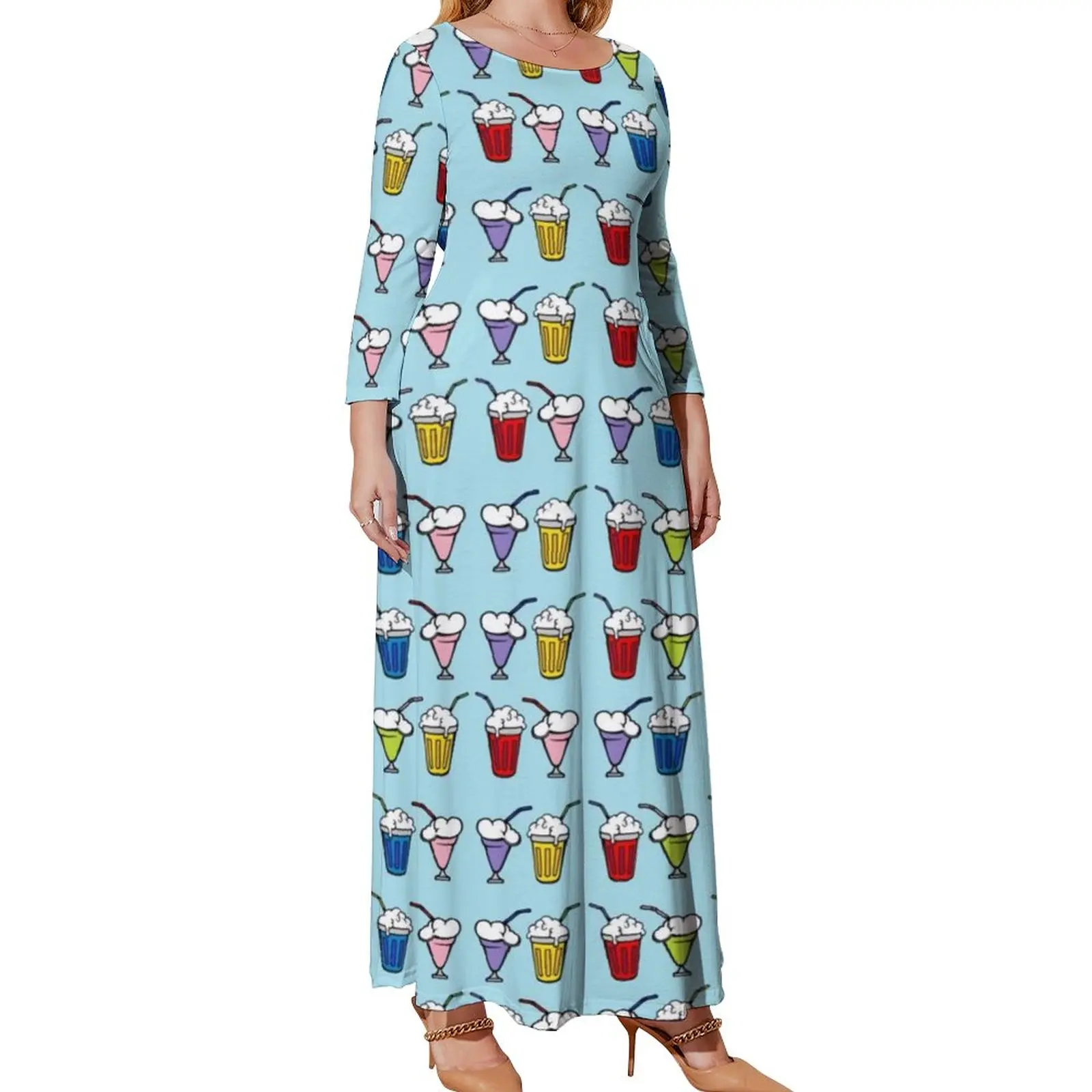 

Ice Cream Sundaes Dress Cartoon Print Pattern Bohemia Dresses Long Sleeve Fashion Long Maxi Dress Vintage Vestidos Plus Size 5XL