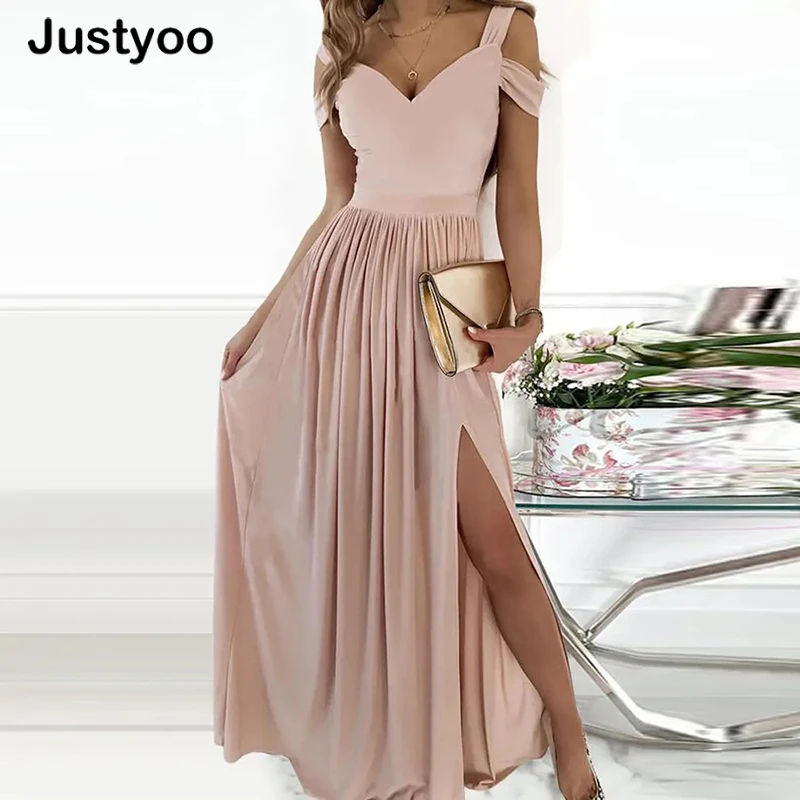 

Women Summer Sleeveless Draped Lady Party Dress Spring One Shoulder High Slit Maxi DressSexy Skew Collar Hollow Out Long Dress