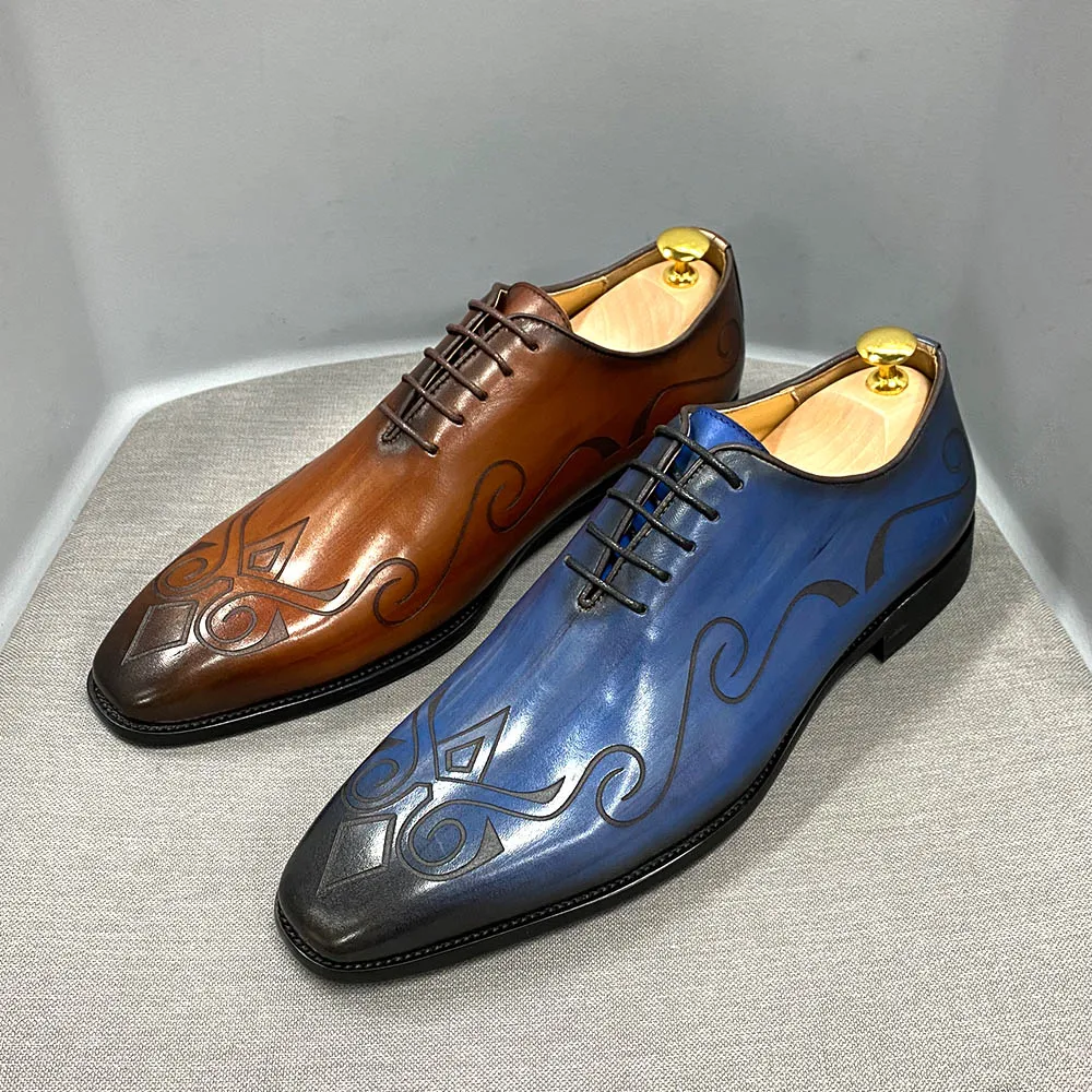 Luxury Men's Oxford Shoes Lace Up Carved Pointed Toe Brown Blue Office Wedding Formal Dress Fashion Genuine Leather Basic Shoes