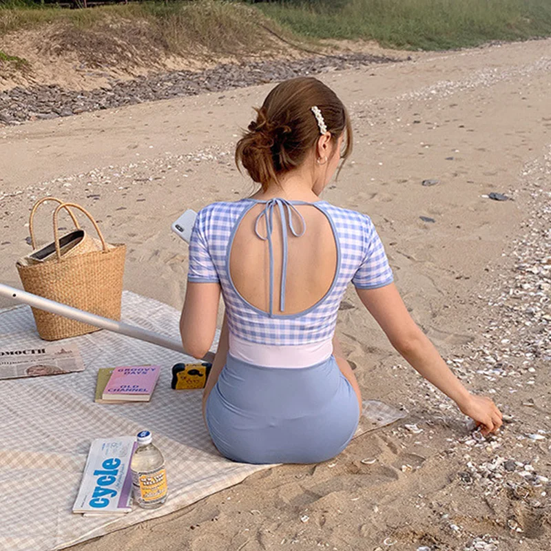 One Piece Swimwear Women High Waist Swimwear Plaid Swimsuit Backless Bathing Suit Sexy Monokini Summer Beachwear 2020 For Asian