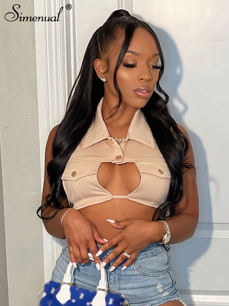 

Simenual Stunning Cleavage Hollow Crop Top Women Sexy Sleeveless Backless Turn-down Collar Buttons Up Bandage Y2k Clothes Baddie