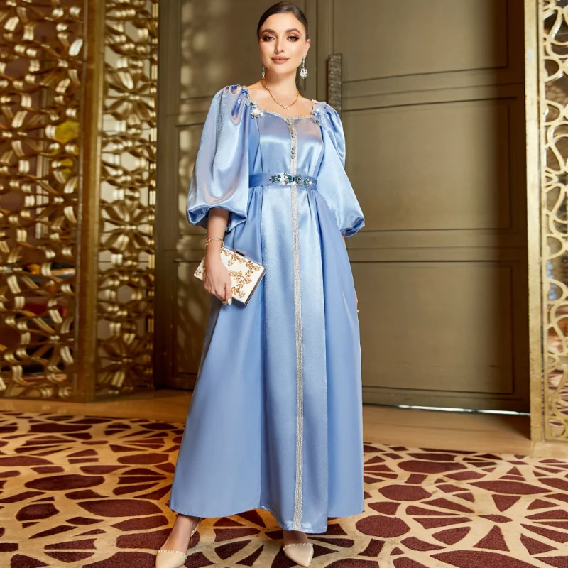 Muslim Princess Dress for Women Rhinestone Butterfly Bubble Sleeve Feast Party Evening Dresses Corban Eid Al Adha New Arab Robe