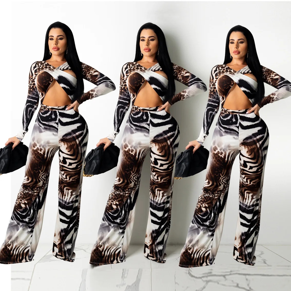 Женский костюм из двух предметов укороченный Топ с длинным рукавом и свободные