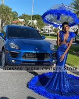 sexy lllusion sequin prom dresses 2022 elegant navy blue feather african black girls mermaid evening gowns robes de soir%c3%a9e