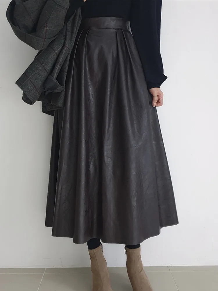 

Autumn Winter Vintage Faux Leather Skirt Women High Waist Slim A-line Skirt Korean Style PU Leather Midi Skirt Female Elegant