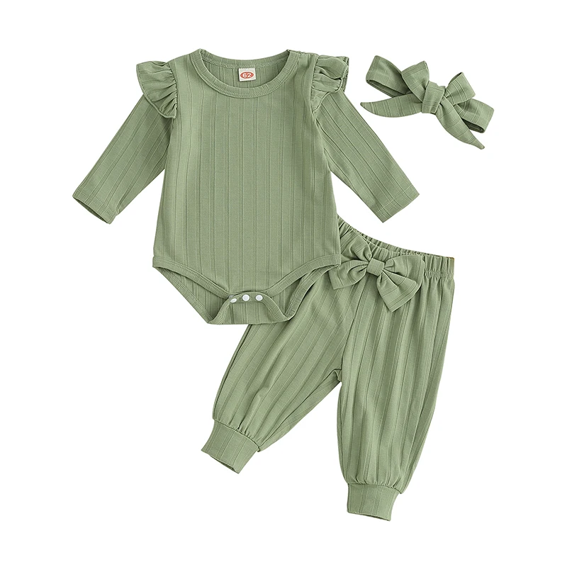 

Bmnmsl Baby Girls Jumpsuits Set Solid Color Ruffle Long Sleeves Romper and Casual Pants Headband Outfit