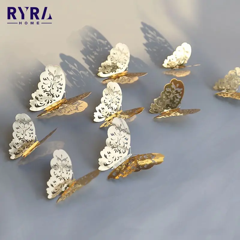 

Hot Butterflies Decal Stickers Gold Kids Gift DIY Craft Silver Rose Fridge Stickers 12PCs 3D Hollow Decorative DIY Wall Stickers