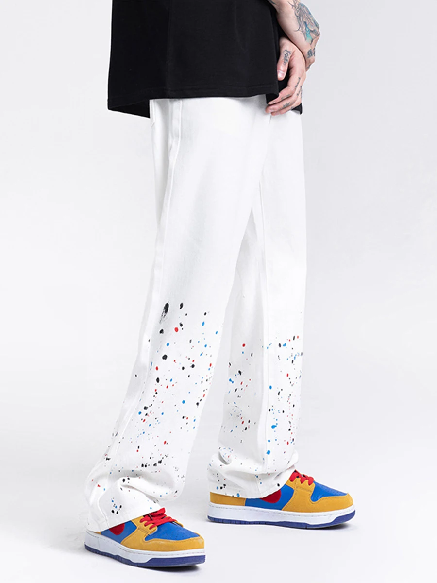 Four Seasons Men Jeans Splattered Ink Hip Hop Loose Straight Skateboard Long Pants Streetwear Y2K Men Jeans Ins Hot Men Clothing