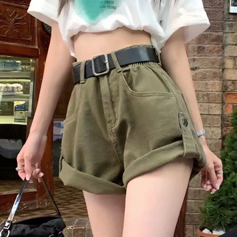 Military Green Cargo Denim Shorts Women's Retro High Waist Slim Shorts Casual Hot Girl Wide Leg Pants Pantalones Cortos De Mujer