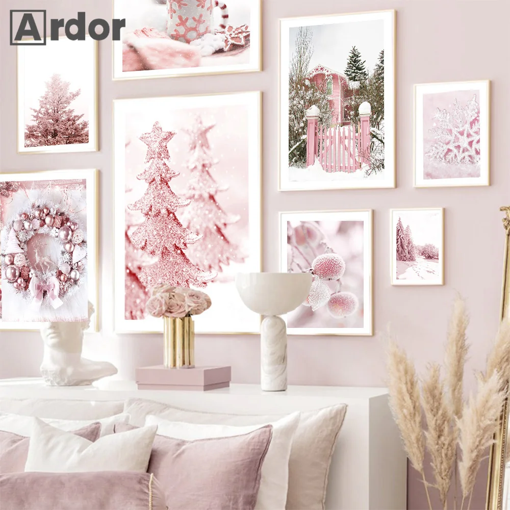 

Pink Christmas Winter Snow Poster Flower Chalet Canvas Art Painting Tree Posters Nordic Print Wall Pictures Living Room Decor