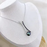MJ Fine Jewelry 10mm 925 Sterling Silver Natural Fresh Water Black Pearl Pendant Necklaces for Women FIne Pearls Pendants